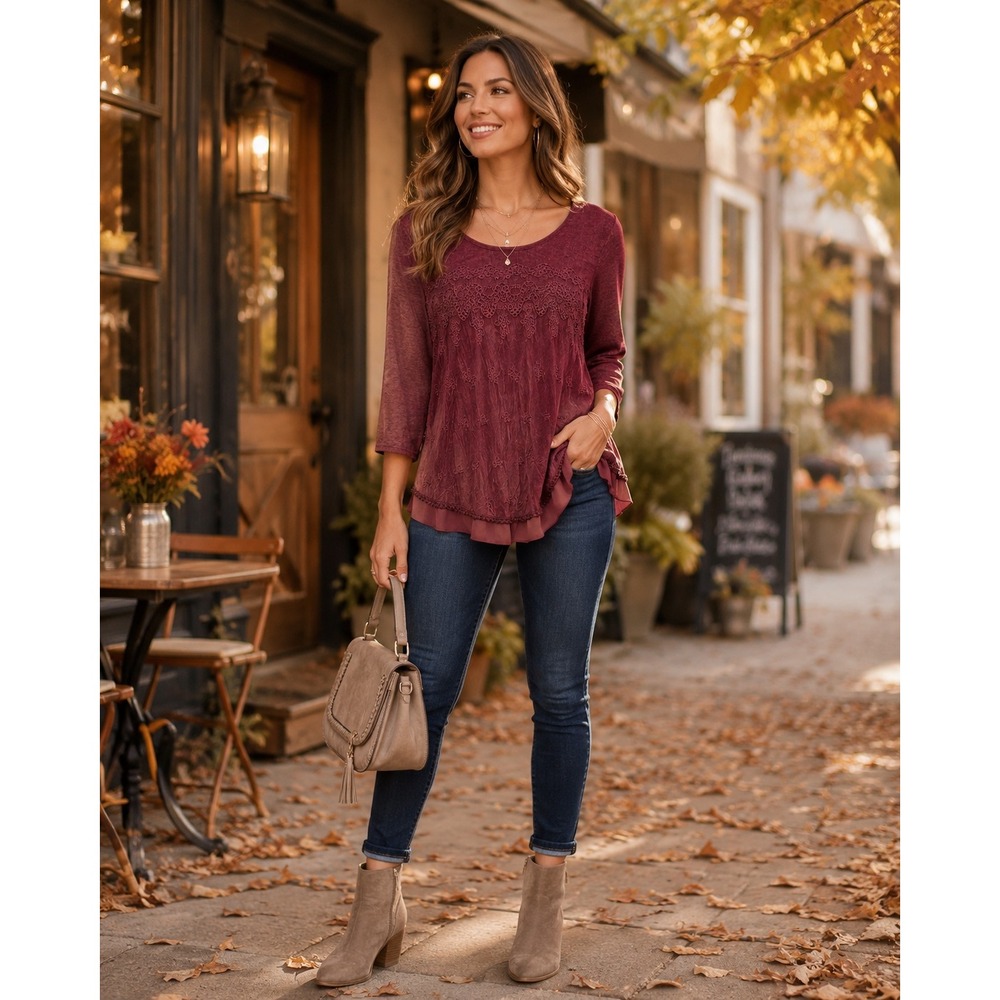 Women Medium Burgundy Lace Boho Romantic Tunic Blouse 3/4 Sleeve Layered Hem